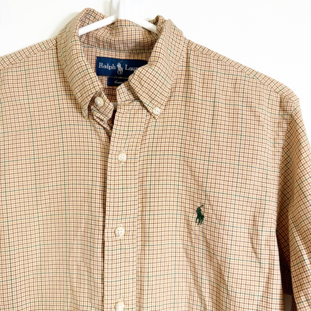 Ralph Lauren Button Down Shirt Mens Small Tan Plaid Custom Fit Long Sleeve